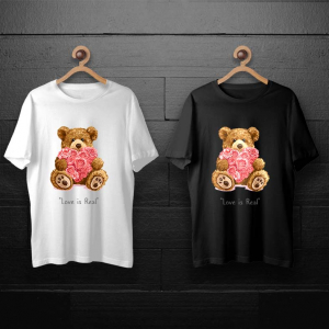 طرح لایه باز خرس تدی با قلب صورتی گلدار برای چاپ روی انواع تیشرت